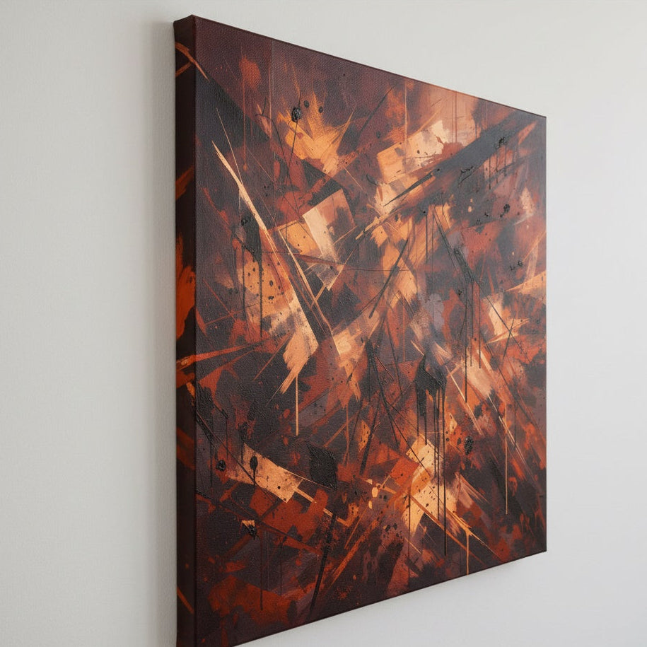 Art mural abstrait ambiance loft industriel avec projection gestuelle et contraste profond noir et terre brûlée.
