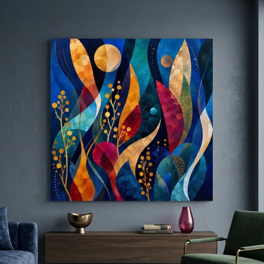Tableau abstrait haut de gamme associant végétal stylisé, couleurs profondes et lumière dorée
