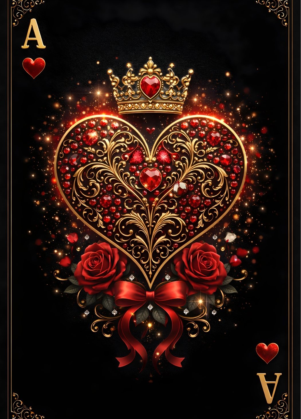 Tableau As de cœur royal baroque doré avec roses rouges décoration murale luxe
