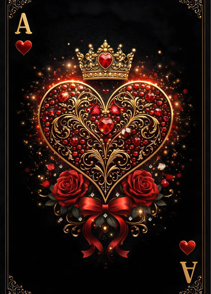 Tableau As de cœur royal baroque doré avec roses rouges décoration murale luxe
