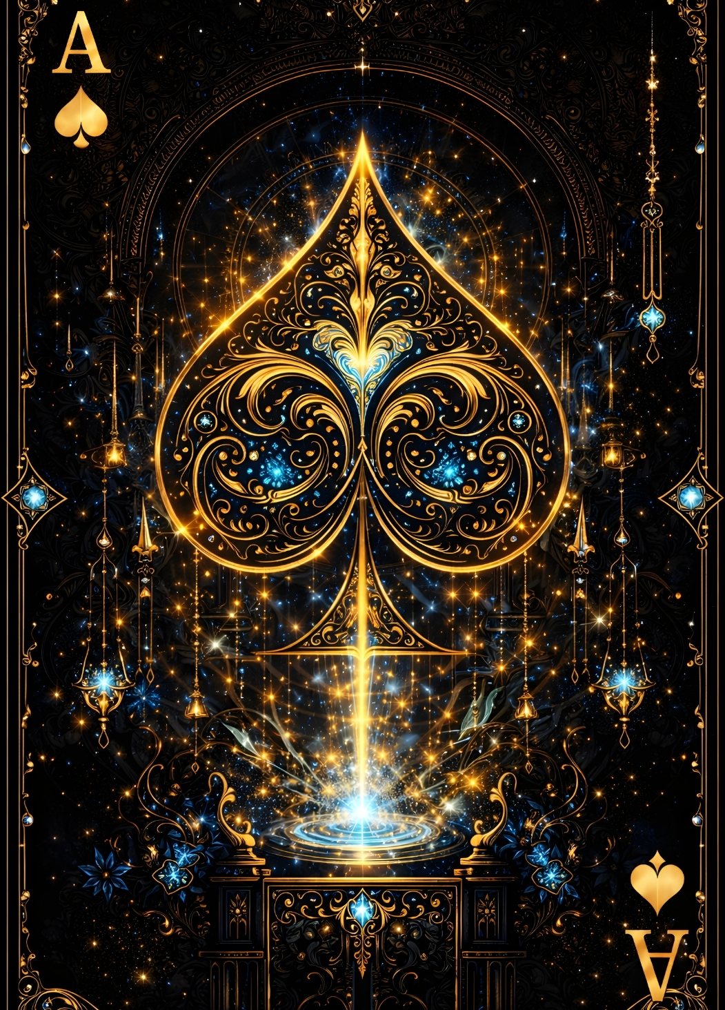 Tableau moderne as de pique doré aux détails baroques lumineux sur fond noir
