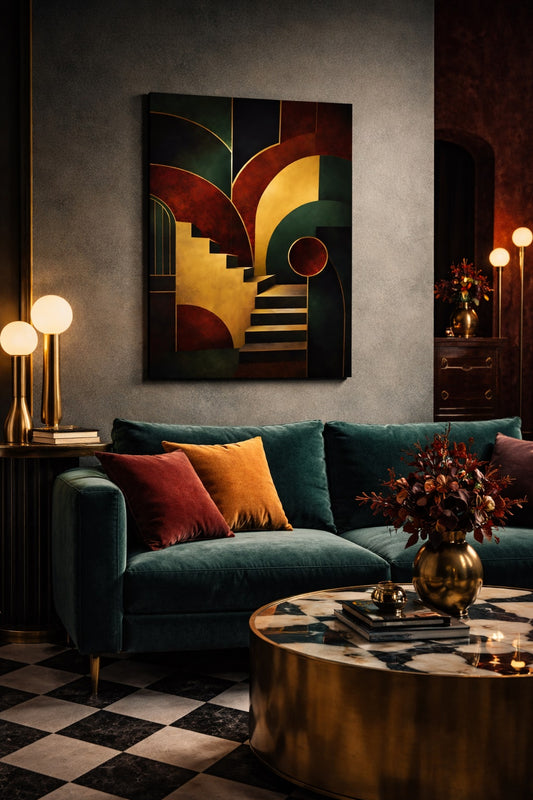 Tableau abstrait art déco en situation décorative
