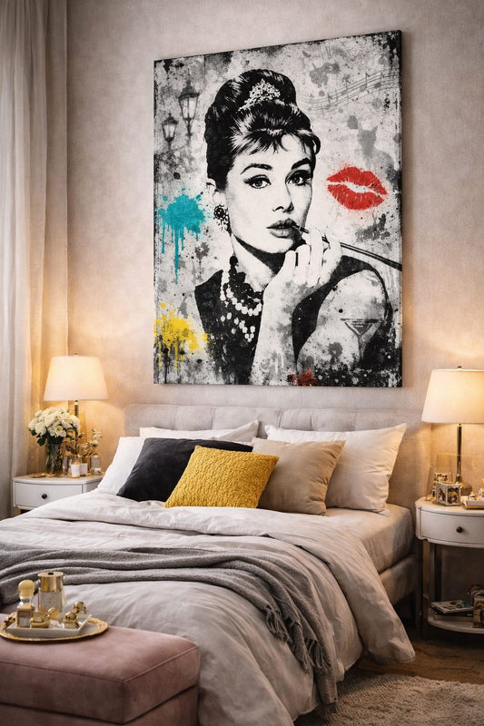 Portrait Audrey Hepburn pop art en situation dans un interieur moderne

