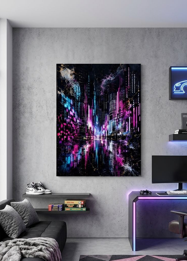 Tableau vertical représentant une avenue futuriste sombre traversée de lumières électriques roses, bleues et violettes
