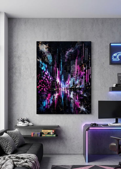 Tableau vertical représentant une avenue futuriste sombre traversée de lumières électriques roses, bleues et violettes
