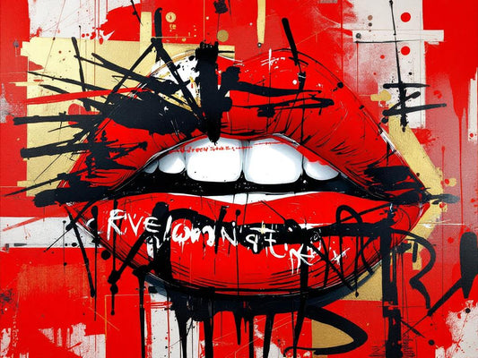 Tableau pop art bouche rouge graffiti fond rouge et noir
