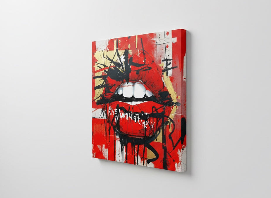 Vue de profil toile pop art bouche rouge sur châssis
