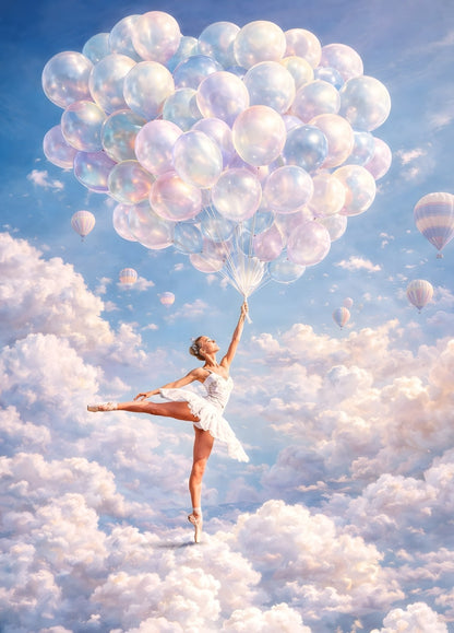 Tableau ballerine dans les nuages tenant des ballons irisés style figuration contemporaine onirique
