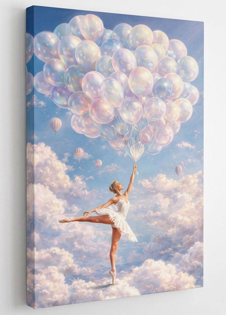 Vue toile tableau ballerine nuages et ballons impression artistique contemporaine
