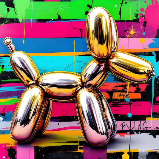 Chien ballon doré en sculpture pop art contemporaine
