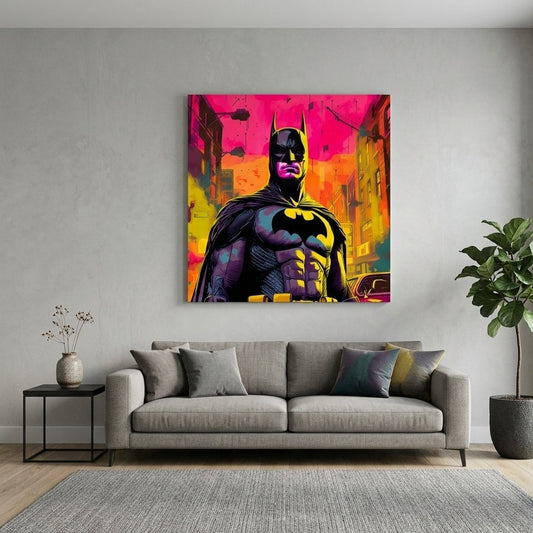 Batman pop art accroché dans salon moderne décoration murale culture comics
