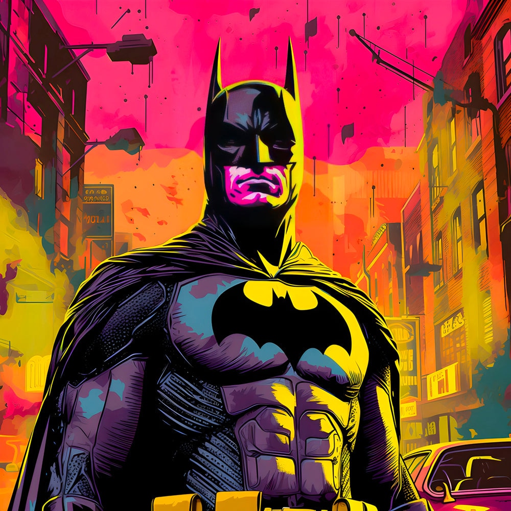 Batman style street art néon dans Gotham City illustration comics couleurs vives
