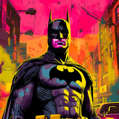 Batman style street art néon dans Gotham City illustration comics couleurs vives

