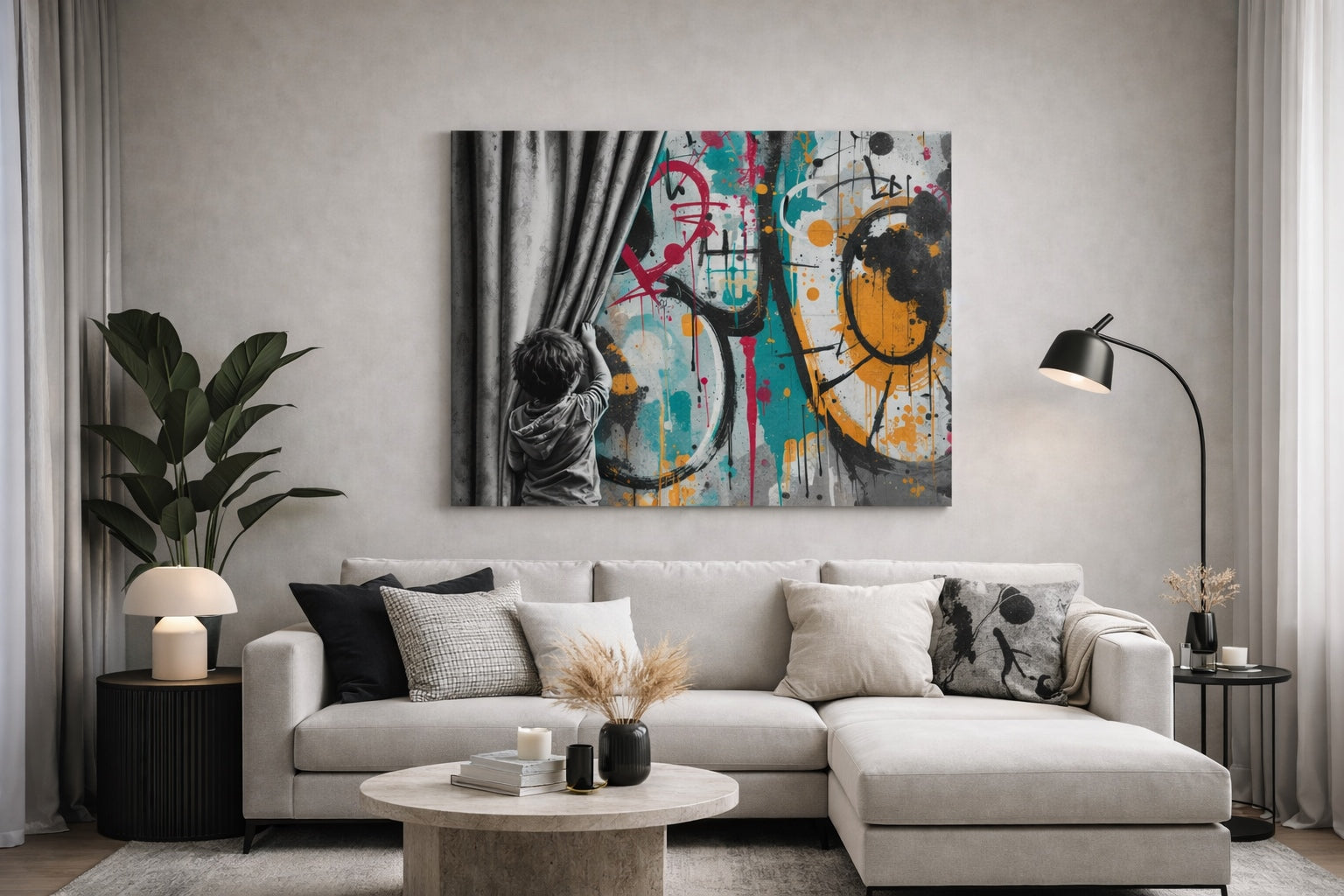 Tableau pop art narratif en situation décorative

