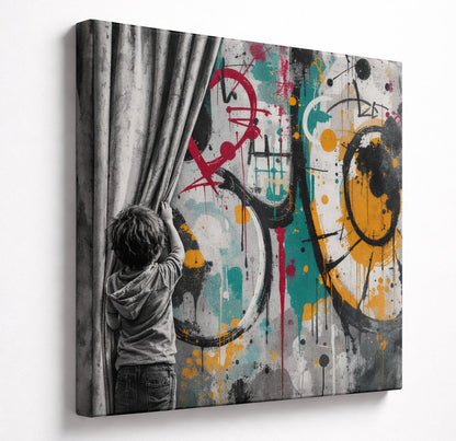 Tableau street art narratif sur toile vue de profil
