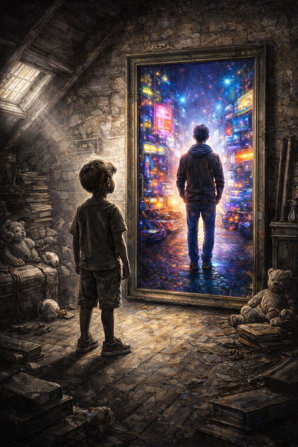 Tableau art imaginaire scène miroir lumineuse
