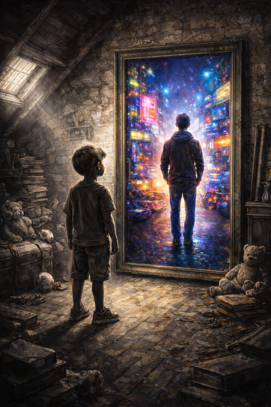 Tableau art imaginaire scène miroir lumineuse
