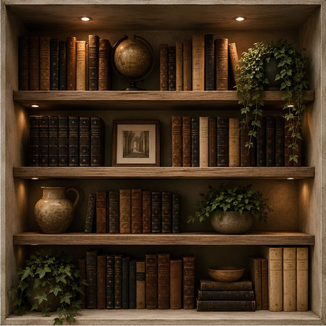 Bibliothèque trompe l'œil murale aux livres anciens

