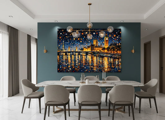 Tableau contemporain représentant Londres de nuit et Big Ben

