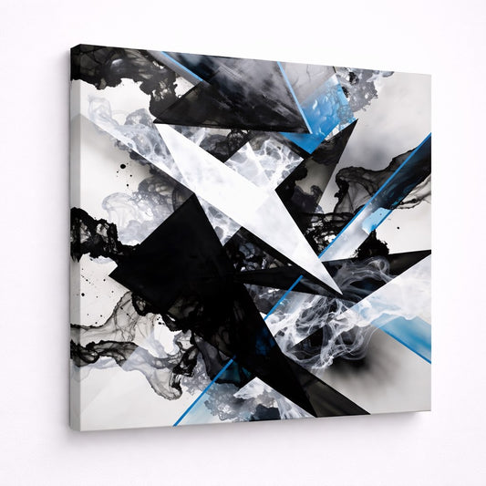 Tableau design abstrait moderne bleu noir blanc effets fumée composition graphique contemporaine intérieur élégant
