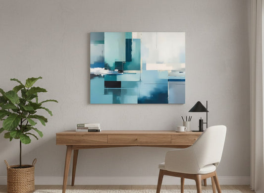 Tableau abstrait bleu glacier minimaliste en décoration murale salon moderne
