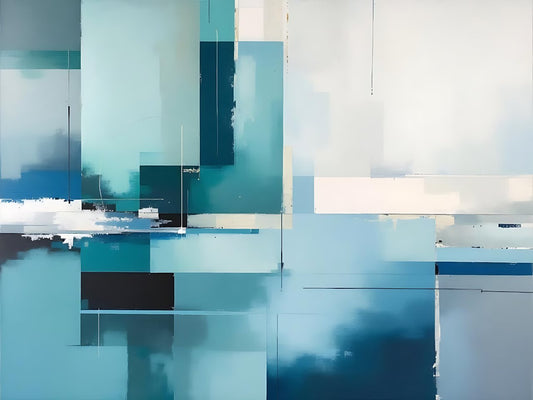 Tableau abstrait bleu glacier et blanc aux formes géométriques contemporaines
