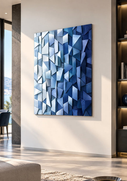 Tableau Blue Facets présenté dans un intérieur contemporain

