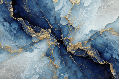 Tableau abstrait bleu et dore vue de face
