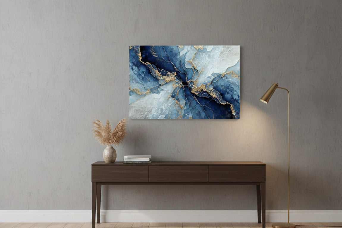 Tableau abstrait moderne bleu en situation dans un interieur
