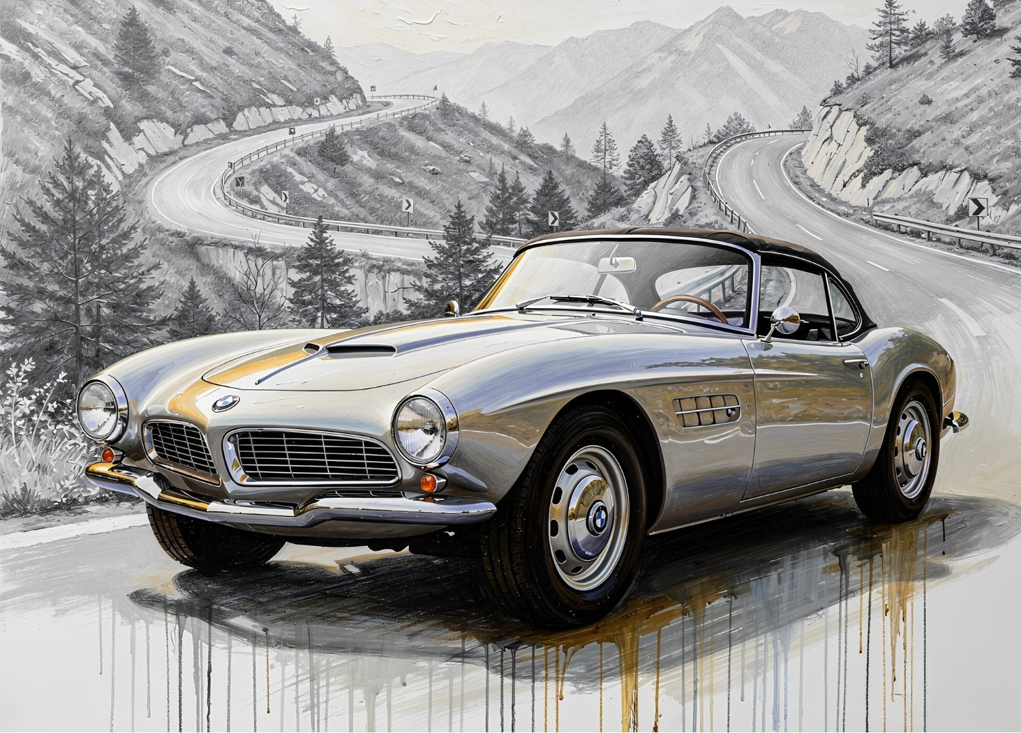 Tableau BMW 507 Roadster vintage devant une route sinueuse de montagne, avec carrosserie claire et paysage presque monochrome

