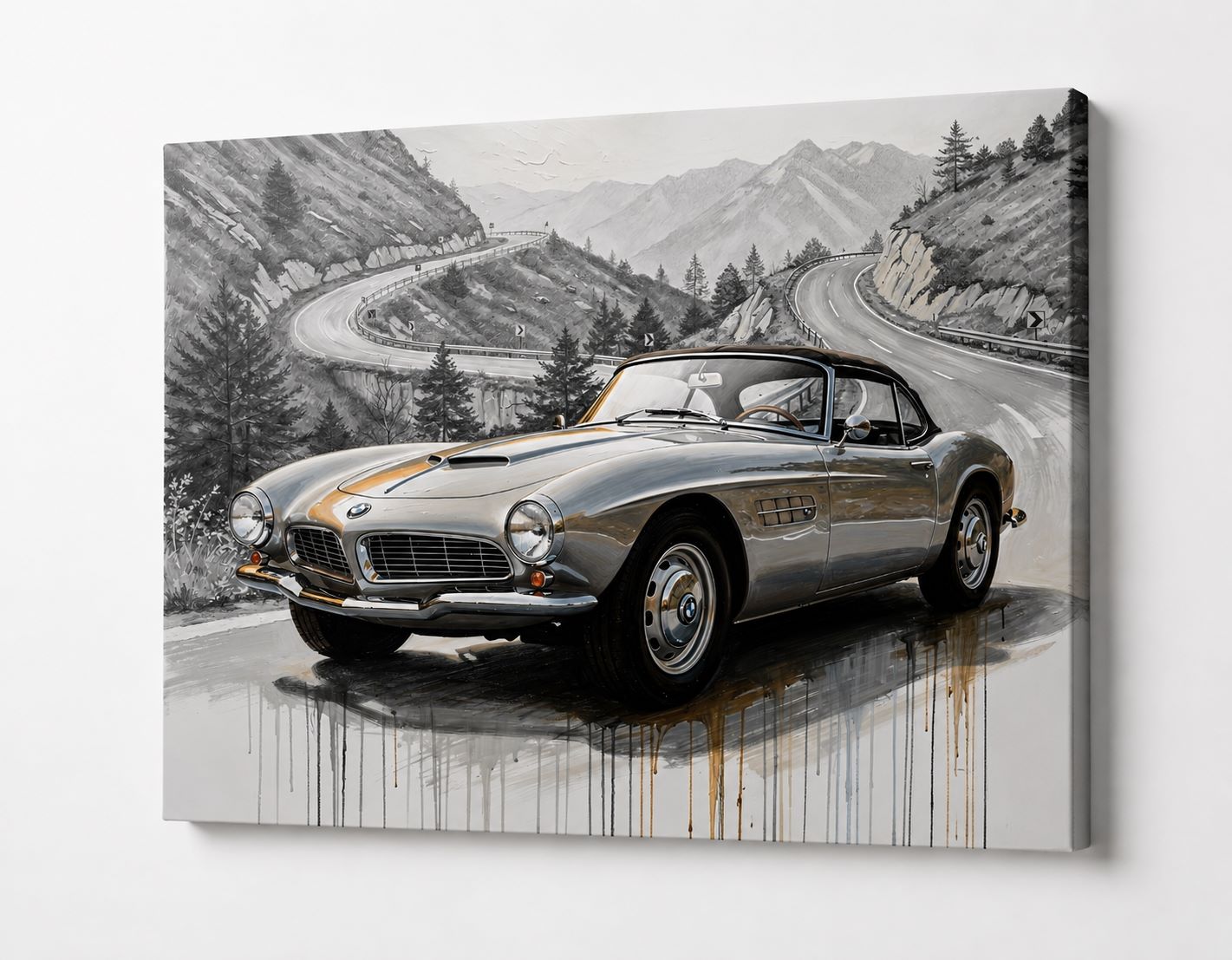 BMW ancienne de collection mise en scène devant des lacets de montagne dans une composition automobile vintage et élégante
