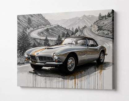 BMW ancienne de collection mise en scène devant des lacets de montagne dans une composition automobile vintage et élégante
