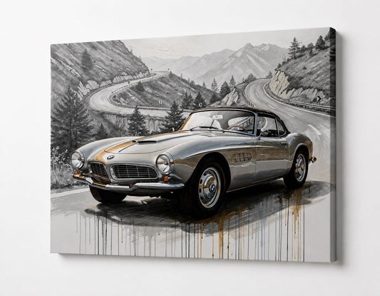BMW ancienne de collection mise en scène devant des lacets de montagne dans une composition automobile vintage et élégante
