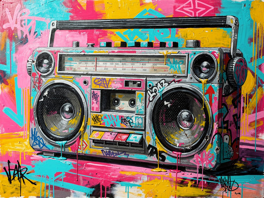 Tableau pop art boombox vintage graffiti couleurs vibrantes street art

