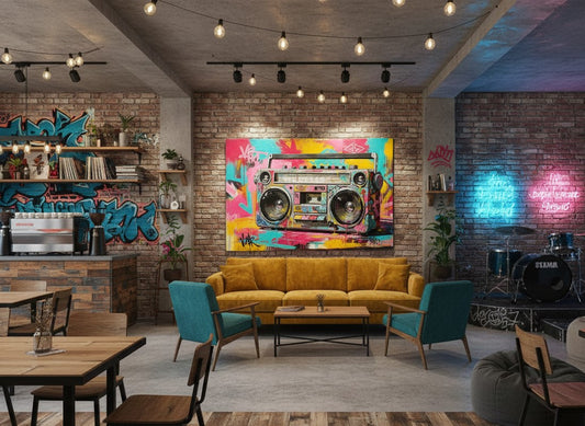 Tableau boombox graffiti accroché dans un loft moderne ambiance urbaine
