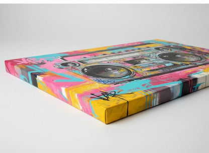 Vue de profil du tableau boombox pop art sur toile montée sur châssis
