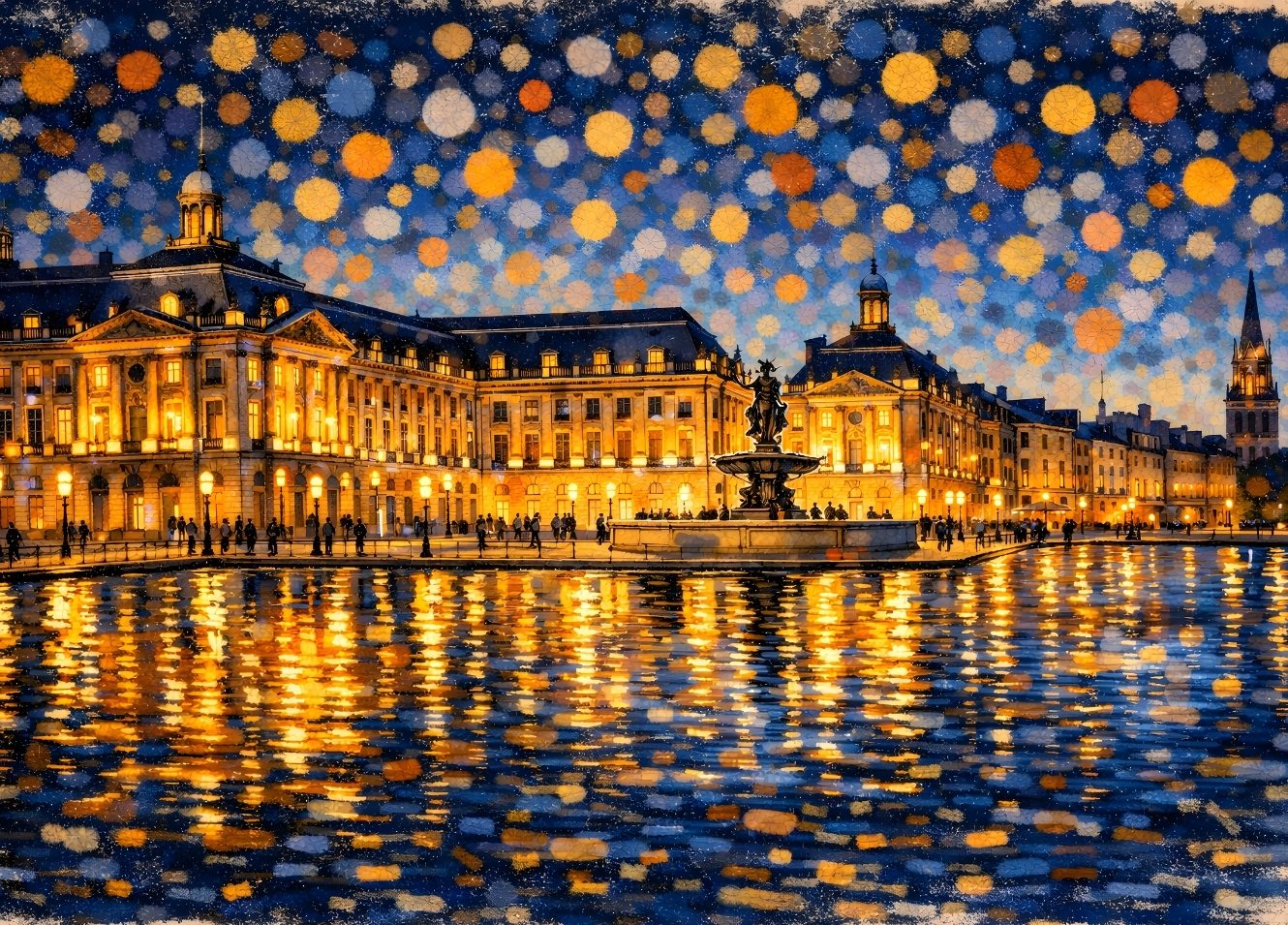 Tableau moderne Bordeaux place de la Bourse reflets dorés miroir d’eau nocturne

