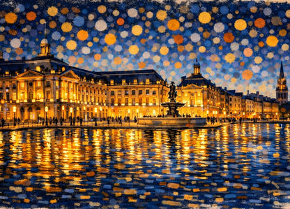 Tableau moderne Bordeaux place de la Bourse reflets dorés miroir d’eau nocturne
