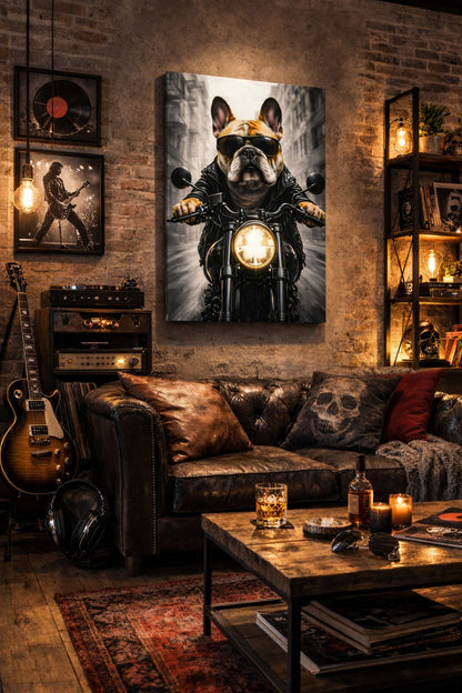 Tableau mural chien biker intégré dans salon rock chic décoration murale moderne
