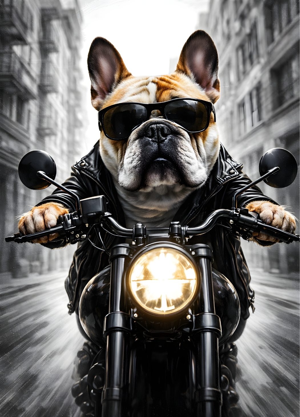 Tableau moderne chien biker bouledogue lunettes noires moto style urbain création exclusive Iconik-Art
