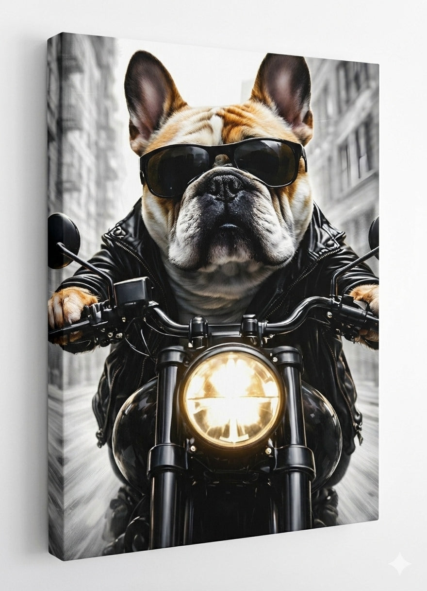 Vue de profil toile chien biker impression haute définition sur châssis bois finition premium
