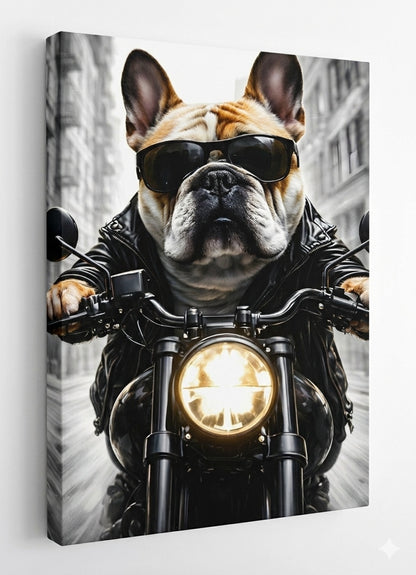 Vue de profil toile chien biker impression haute définition sur châssis bois finition premium
