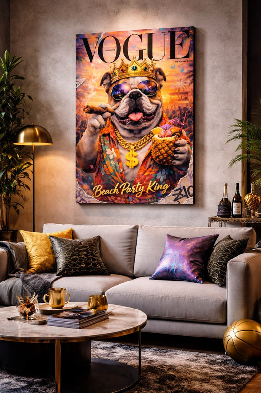 Tableau mural chien pop art intégré dans salon moderne décoration murale estivale chic
