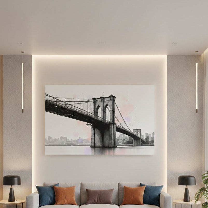 Tableau Brooklyn Bridge accroché dans loft industriel ambiance new yorkaise
