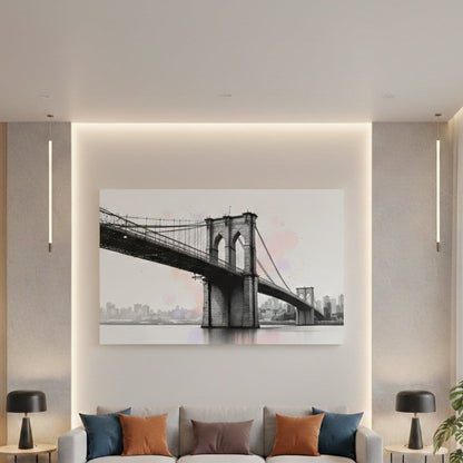 Tableau Brooklyn Bridge accroché dans loft industriel ambiance new yorkaise

