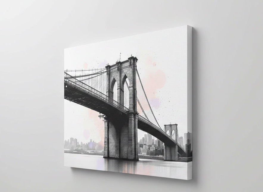 Vue de profil du tableau Brooklyn Bridge sur toile, détails architecturaux précis
