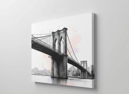 Vue de profil du tableau Brooklyn Bridge sur toile, détails architecturaux précis
