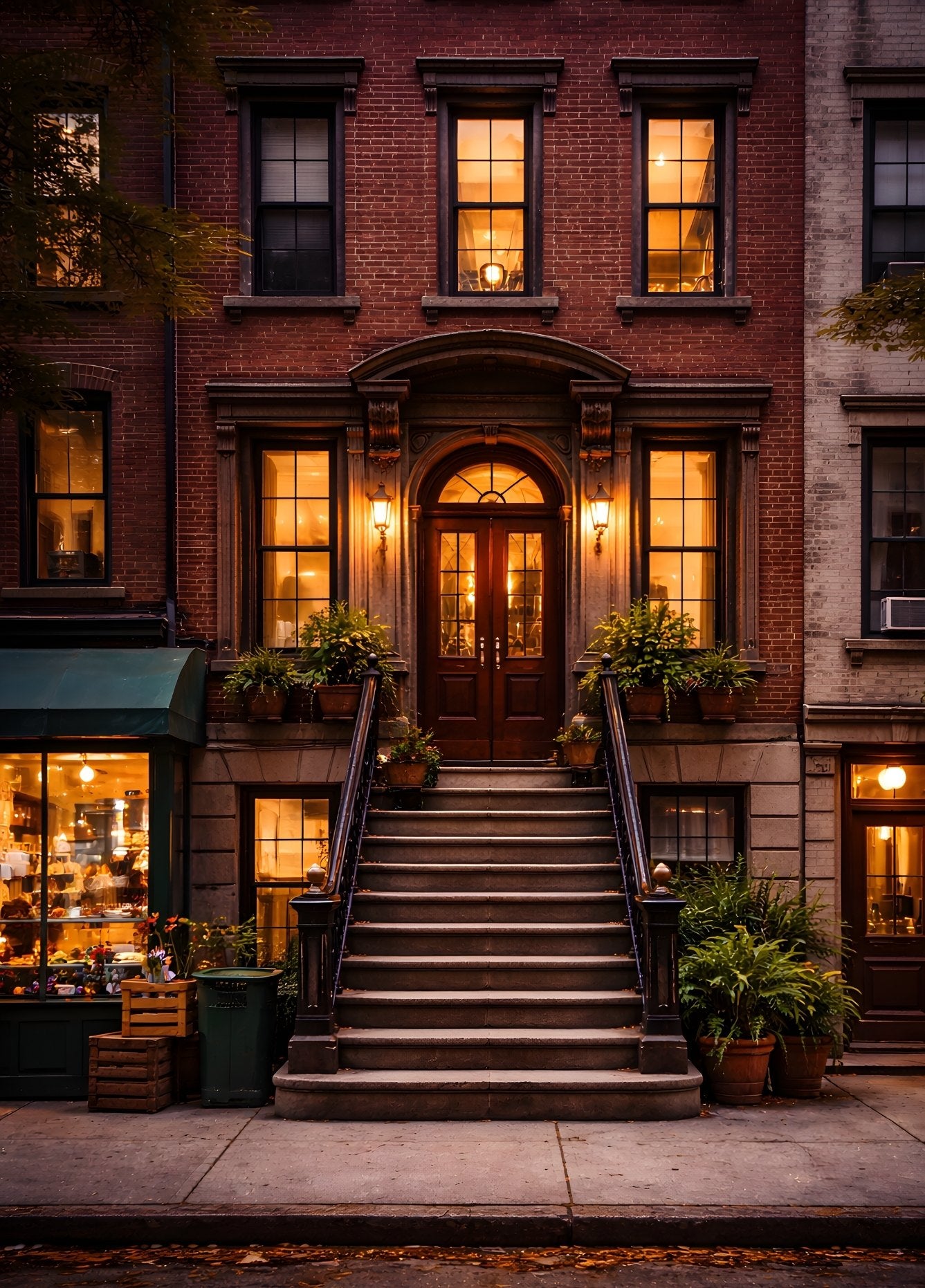 Illustration d’un brownstone à New York au crépuscule, façade iconique
