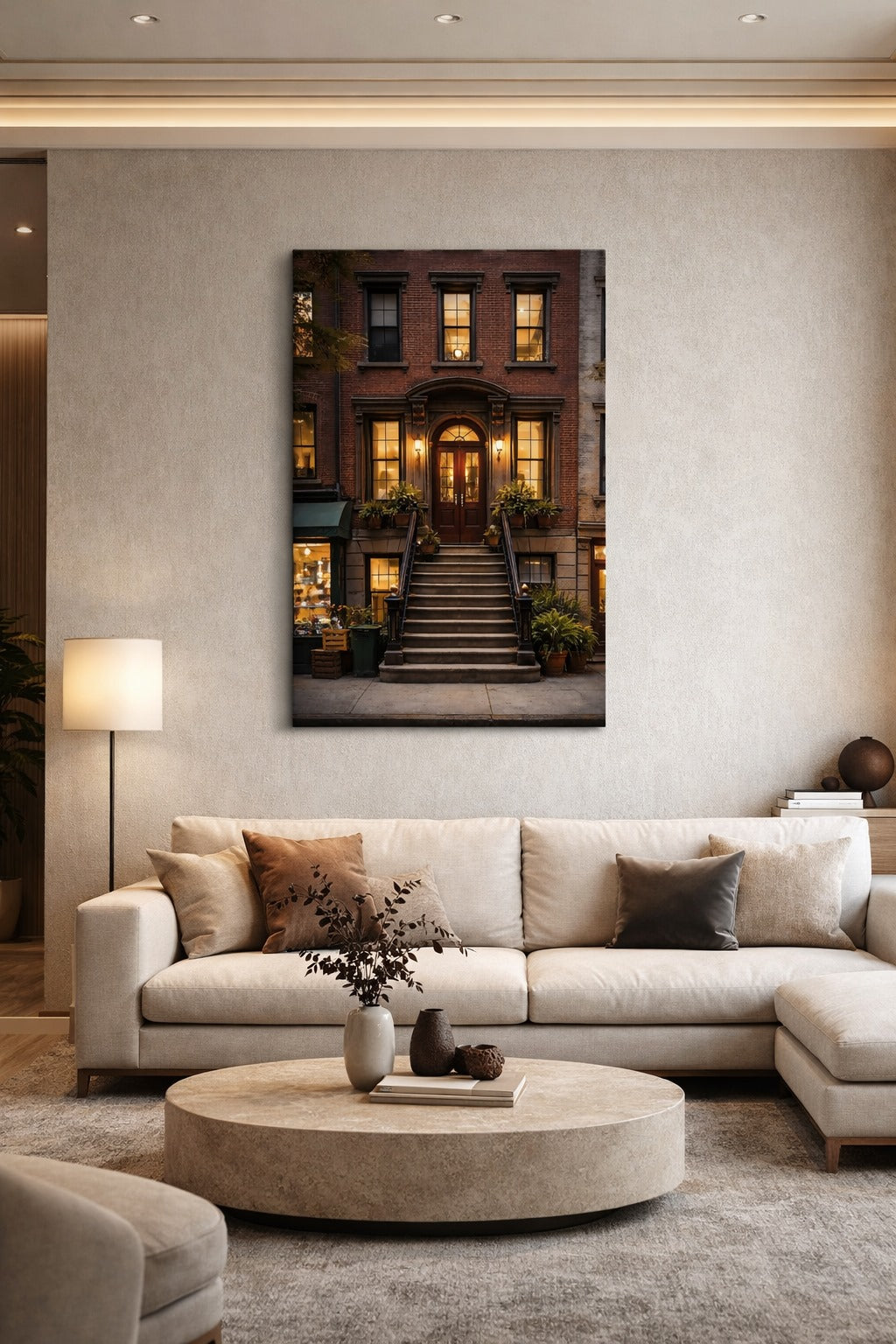 Fenêtres illuminées et ambiance chaleureuse de rue new-yorkaise
