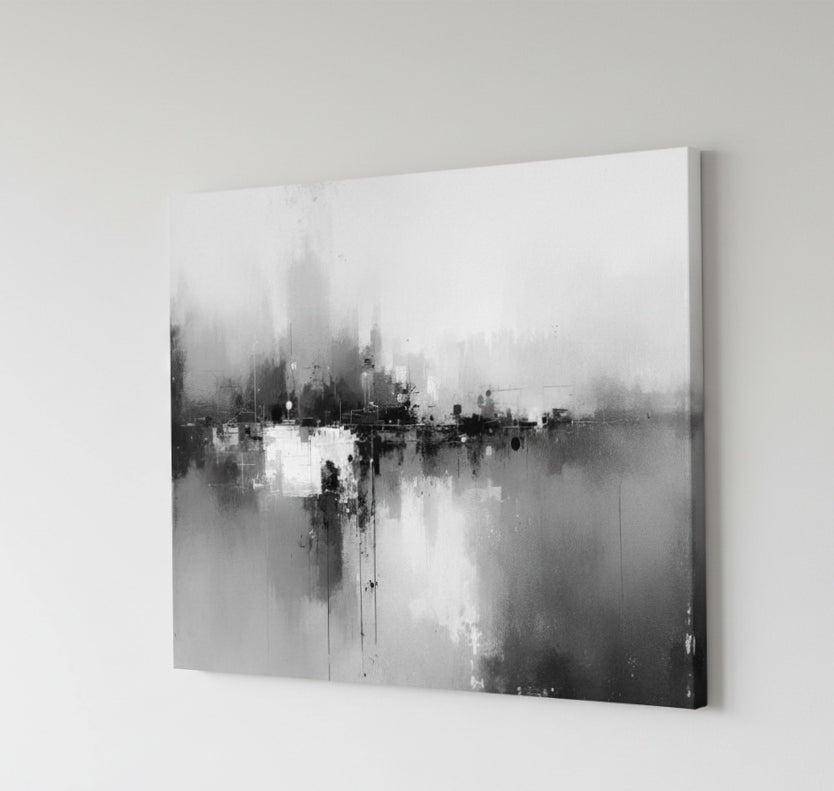 Châssis entoilé d'un toile en noir et blanc de peinture abstraite